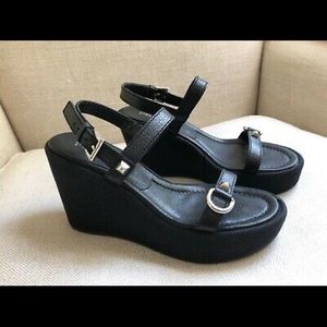 Prada Platform Sandals Black Leather Wedge Buckle